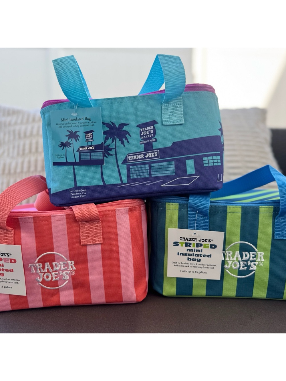 Trader Joe's Striped Insulated Bags - Blue, Striped Pink, & Striped Green